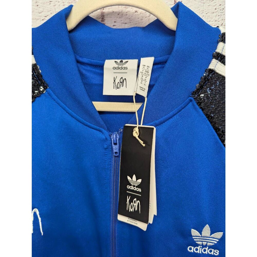 KORN x ADIDAS Limited Edition Blue Full zip Track Suit Jacket w Black Sequin Sle - Picture 2 of 9